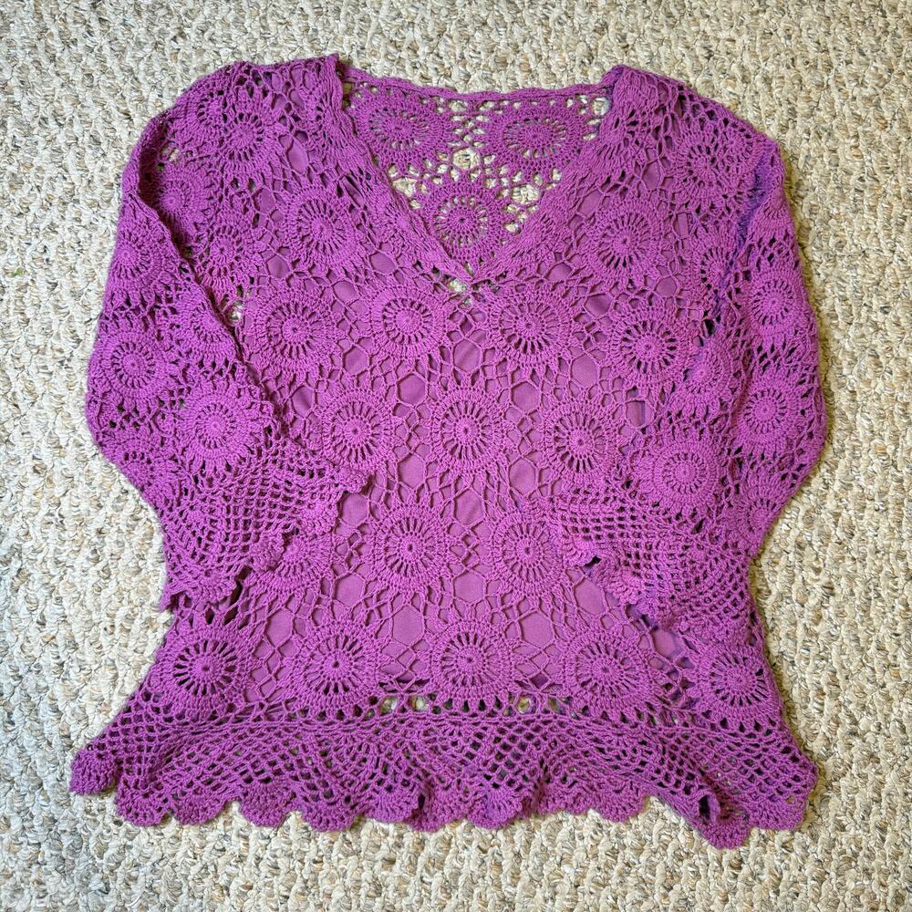 Vintage‎ Y2K 90s Casual Purple Crochet Boho Indie Hippie Festival V Neck Top S/M